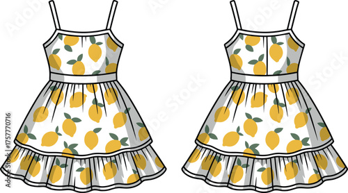 Children’s lemon print dresses front and back view, CAD drawing, flat vector illustration, summer kidswear template, fruity clothing design, editable garment sketch