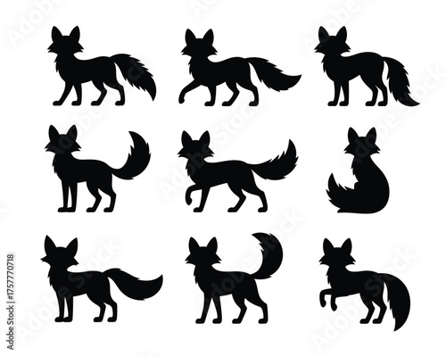 Collection of nine black fox silhouettes in various poses