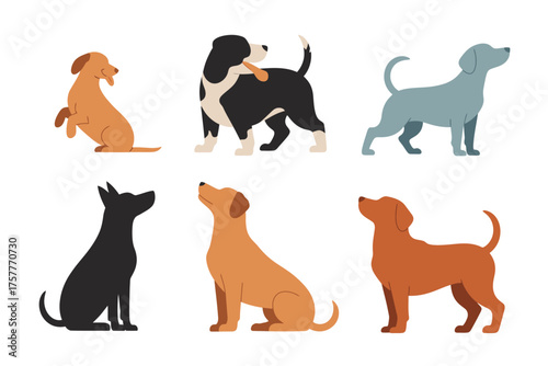 Collection of six diverse dog breeds in silhouette and flat illustration style