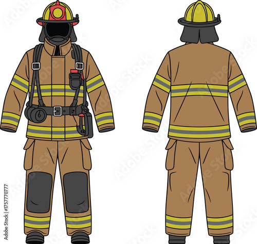 Firefighter uniform front and back view, CAD drawing, flat vector illustration, protective gear template, safety clothing design, emergency apparel, editable garment outline