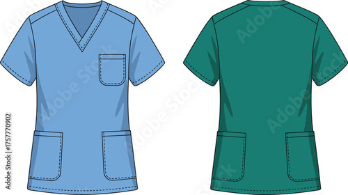 Medical scrub tops front and back view, CAD drawing, flat vector illustration, healthcare uniform template, professional apparel design, hospital clothing outline, editable garment sketch