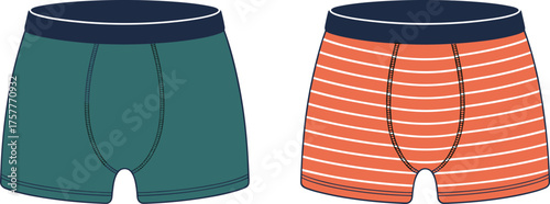 Men’s boxer briefs front and back view, CAD drawing, flat vector illustration, underwear template, fitted apparel design, casual clothing sketch, editable garment