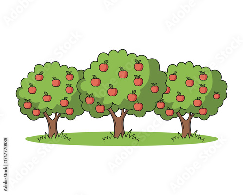 Three cartoon apple trees laden with ripe red apples in a grassy field