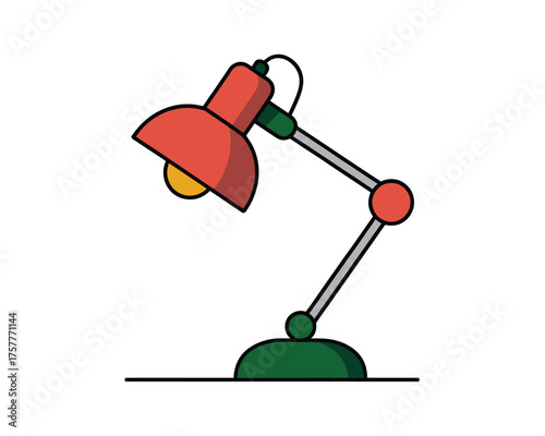 Red desk lamp with adjustable arm and green base