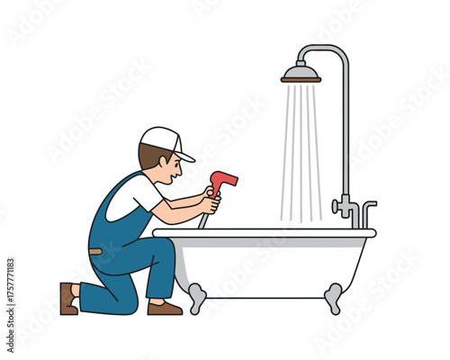 Plumber fixing a shower head in a bathtub with water running