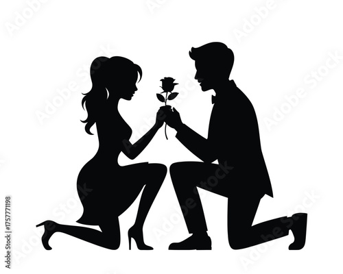 Silhouette of a man proposing to a woman with a rose