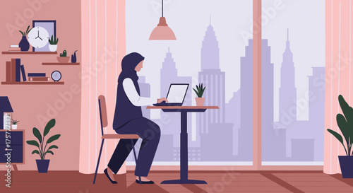 A focused Muslim woman in a hijab diligently works on her laptop from a modern urban apartment overlooking a bustling city skyline.