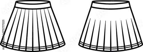 Pleated skirt variations front and back view, CAD drawing, flat vector illustration, fashion apparel template, structured and relaxed pleat design, editable garment sketch