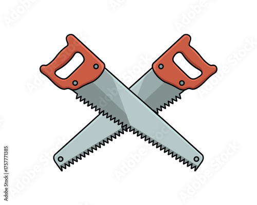 Two crossed hand saws with orange handles on a white background