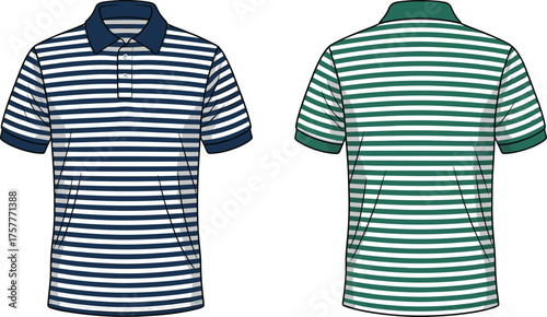Polo, shirt, striped, front, back, view, navy, green, white, collar, buttons, fashion, clothing, apparel, vector, CAD, drawing, illustration, design, casual, garment, style, variation