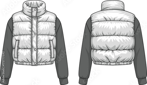 Quilted puffer jacket front and back view, contrasting sleeves with ribbed cuffs, padded winter outerwear, button closure, stylish insulated fashion clothing design