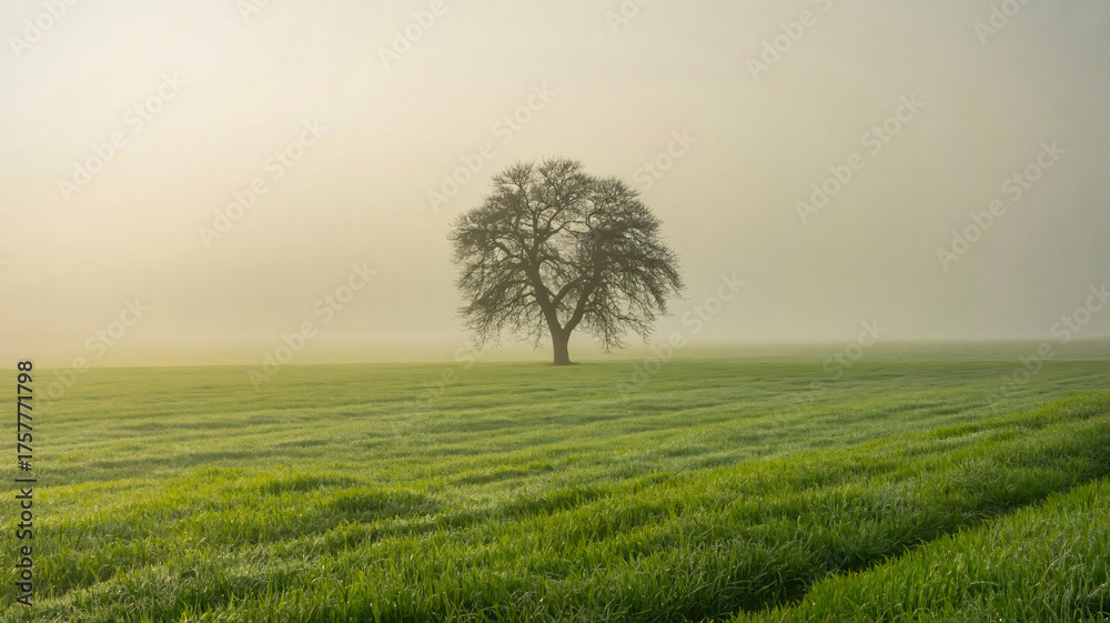 Obraz premium Solitary tree in misty grass field at sunrise, peaceful nature landscape