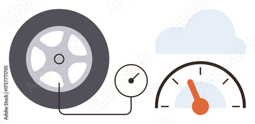 Car tire with an air pressure gauge connected and a speedometer alongside a cloud illustration. Ideal for maintenance, safety, services, transportation, efficiency, engineering, clean design. Simple
