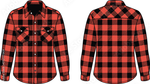 Red black checkered flannel shirt front and back view, CAD drawing, flat vector illustration, fashion apparel template, casual clothing design, editable garment sketch