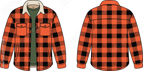 Red black flannel shirt front and back view, CAD drawing, flat vector illustration, plaid apparel template, casual outerwear design, lumberjack style garment sketch