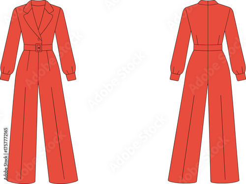 Red tailored jumpsuit front and back view, CAD drawing, flat vector illustration, women’s apparel template, elegant fashion design, wide‑leg garment sketch, editable outfit