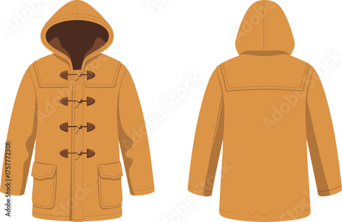 Tan duffle coat front and back view, CAD drawing, flat vector illustration, hooded outerwear template, toggle closure fashion design, winter garment sketch
