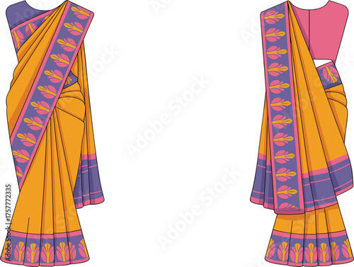 Traditional Indian saree front and back view, CAD drawing, flat vector illustration, cultural fashion apparel template, ethnic clothing design, editable garment sketch