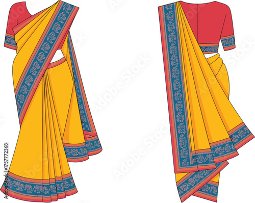 Traditional Indian saree outfit front and back view, CAD drawing, flat vector illustration, cultural clothing template, ethnic apparel design, draped garment sketch