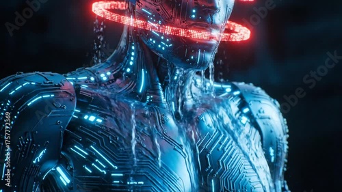 Futuristic cyborg portrait with glowing circuits and digital elements
