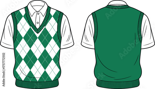 Argyle sweater vest with collared shirt front and back view, CAD drawing, flat vector illustration, fashion apparel template, layered clothing design, editable garment sketch