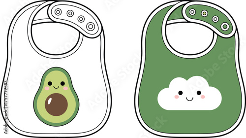 CAD drawing flat vector illustration of baby bib set with cartoon avocado and cloud design, snap closure, infant toddler feeding clothing accessory