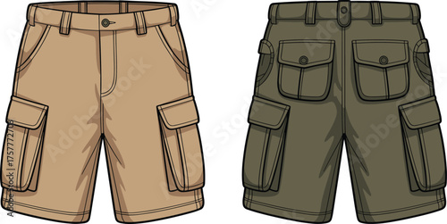 CAD drawing flat vector illustration of cargo shorts set with flap pockets, belt loops, button closure, casual summer fashion design in multiple colors