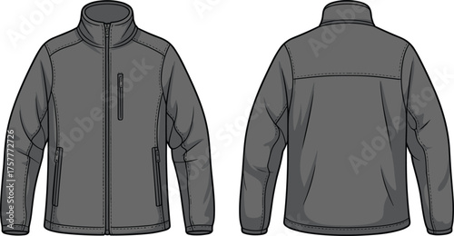 CAD drawing flat vector illustration of dark gray technical jacket with high collar, zipper front, multiple zip pockets, outdoor functional casual fashion design