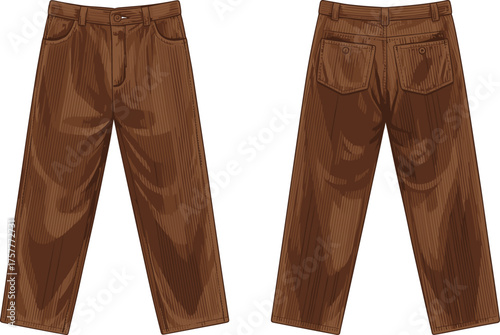 CAD drawing flat vector illustration of brown straight leg pants with textured fabric, button closure, flap pockets, belt loops, casual fashion design