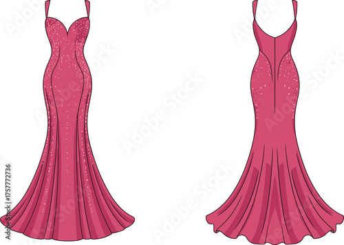 CAD drawing flat vector illustration of deep pink mermaid evening gown with sweetheart neckline, thin straps, V back, sparkling embellishments, formal fashion