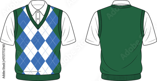 CAD drawing flat vector illustration of green argyle sweater vest layered over white collared shirt, diamond pattern knitwear, preppy school fashion design