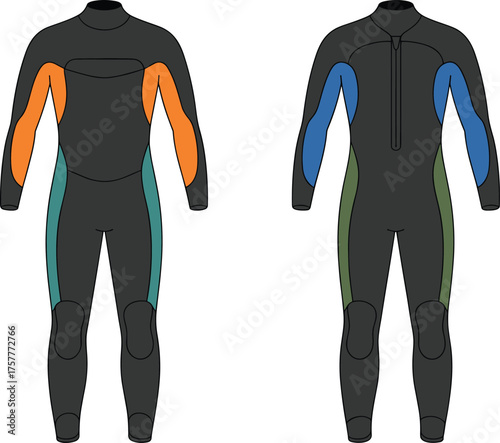 CAD drawing flat vector illustration of full body wetsuits with colored panels, knee pads, zipper entry, surfing diving water sports neoprene clothing design