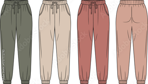 CAD drawing flat vector illustration of jogger pants with drawstring waistband, elastic cuffs, side pockets, seam detailing, multiple color fashion design set