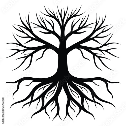 Stylized silhouette of a bare tree with prominent roots