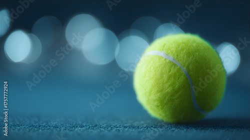 Bright tennis ball on blue court with bokeh lights. Close up on neon green sports equipment used for game or competition.