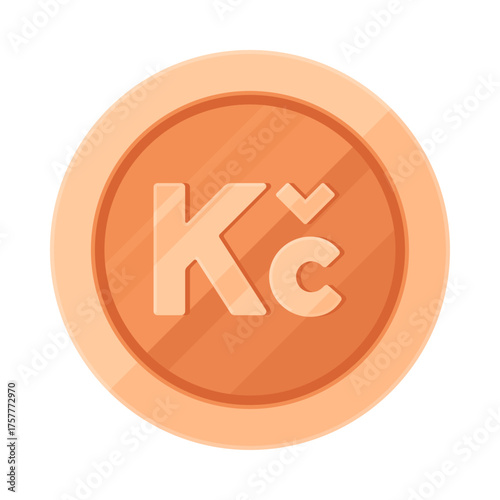 Copper coin with Czech koruna sign (Kč). Economy, finance, investment, profit, money, CZK currency concept. Flat vector illustration isolated on white background	
