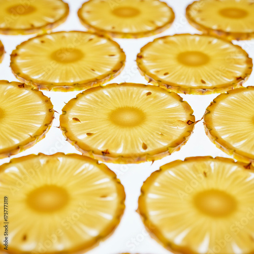 Thin slices of fresh pineapple backlit on white background. Translucent texture highlights golden tones and fibrous detail. Perfect for food, freshness, nutrition, and tropical themes.