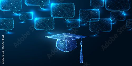 AI education and digital learning concept with glowing graduation cap and communication network