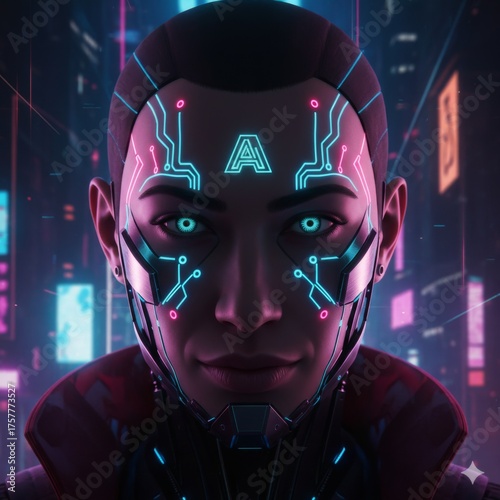 Neon Cyberpunk Portrait. A moody street portrait of a person with neon-lit makeup or tattoos, wearing futuristic glasses or headgear