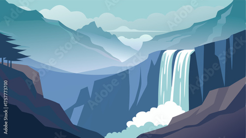 A majestic waterfall cascading down the side of a hazy mountain its powerful rush softened by the ethereal haze.