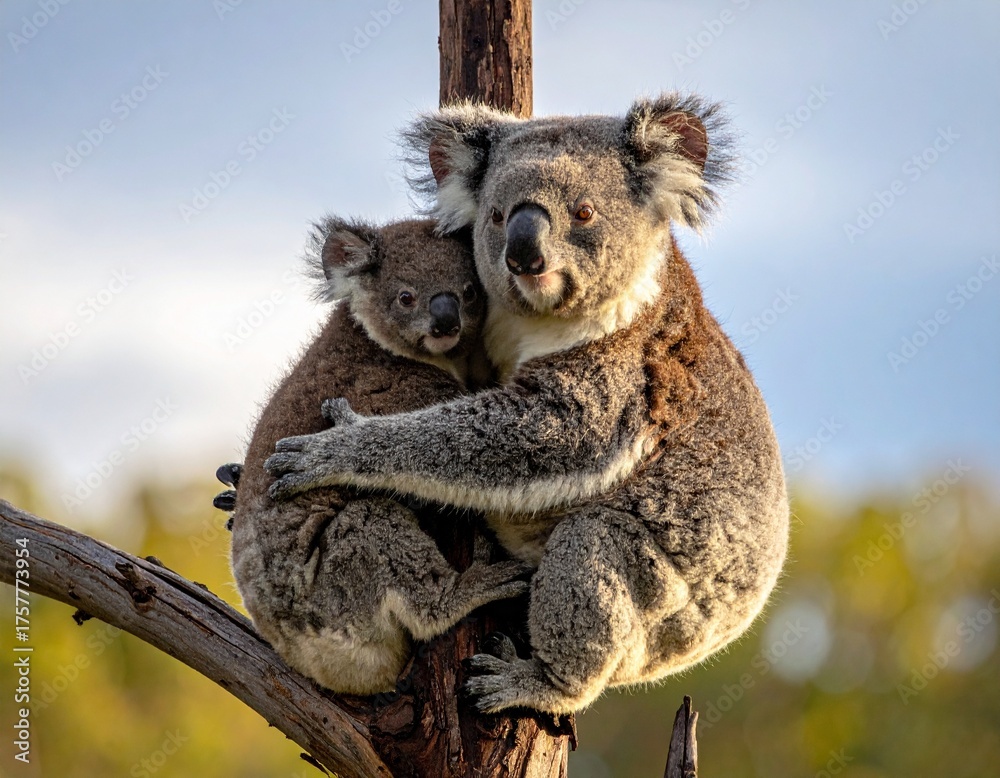 Obraz premium Uma mamma Koala, teneramente abbracciato al suo piccolo, mentre dall'albero, guardano l'infinito...