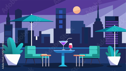 A modern rooftop lounge with sleek furnishings and trendy tails providing the perfect backdrop for a night out on the town.