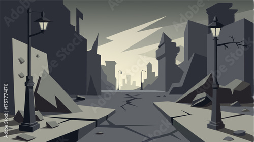 A forgotten street in a forgotten city with abandoned buildings and broken streetlights casting shadows on the cracked pavement.