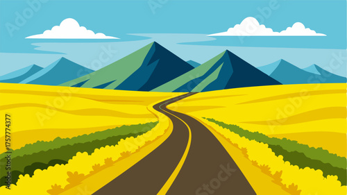A quiet country road ting through rolling yellow fields of blooming canola with a distant mountain range visible on the horizon.