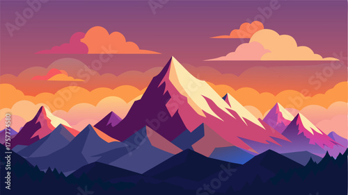 A colorful sunset illuminates a jagged mountain range painting the clouds and snowcovered summits with shades of pink and orange.