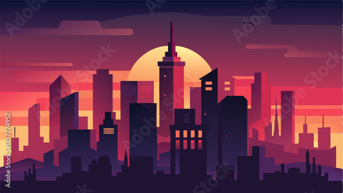 A peaceful scene of the city skyline at dusk a warm glow emanating from the windows of tall buildings.