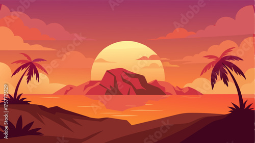 A breathtaking sunset casting warm hues of orange and pink over the vast tropical island a peaceful ending to another deserted day.