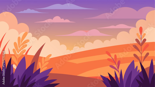 A mix of fiery orange and soft lavender hues cover the prairie creating a breathtaking contrast against the greenery.