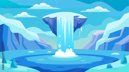 A frozen oasis where a oncerushing waterfall now stands still surrounded by a frozen landscape.
