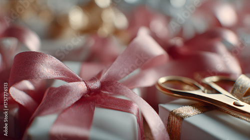Close up of gift boxes with pink ribbon and gold scissors for celebration. Festive presents for Valentines Day or birthday, concept of giving.